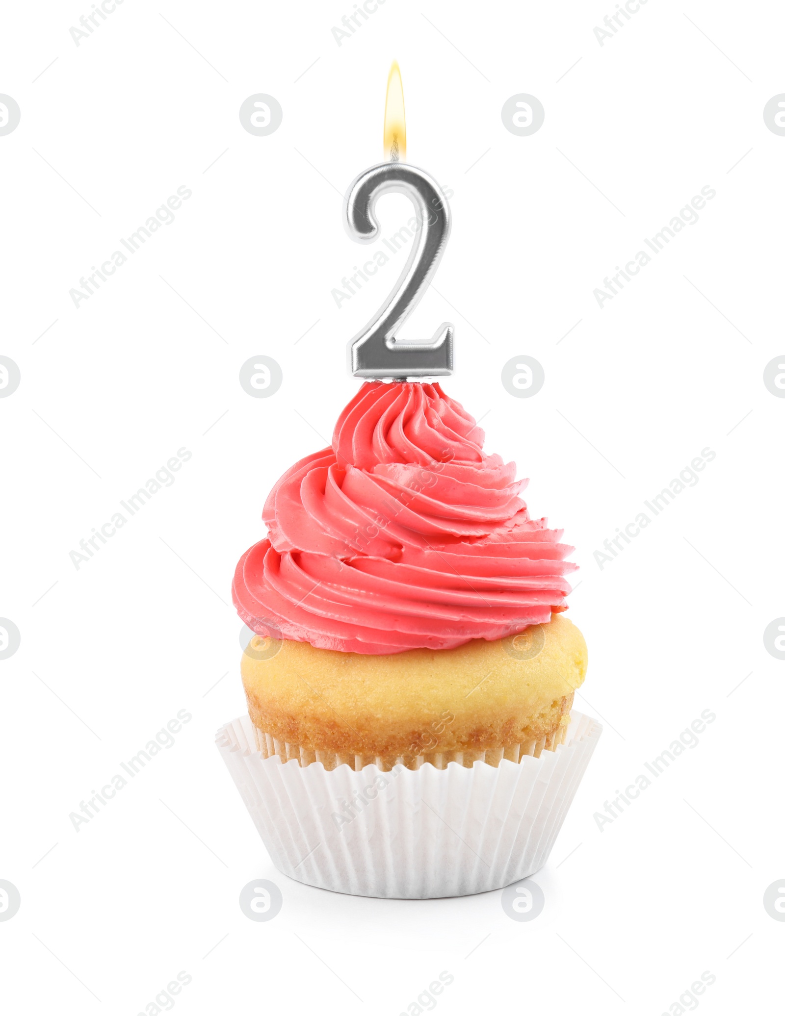 Photo of Birthday cupcake with number two candle on white background