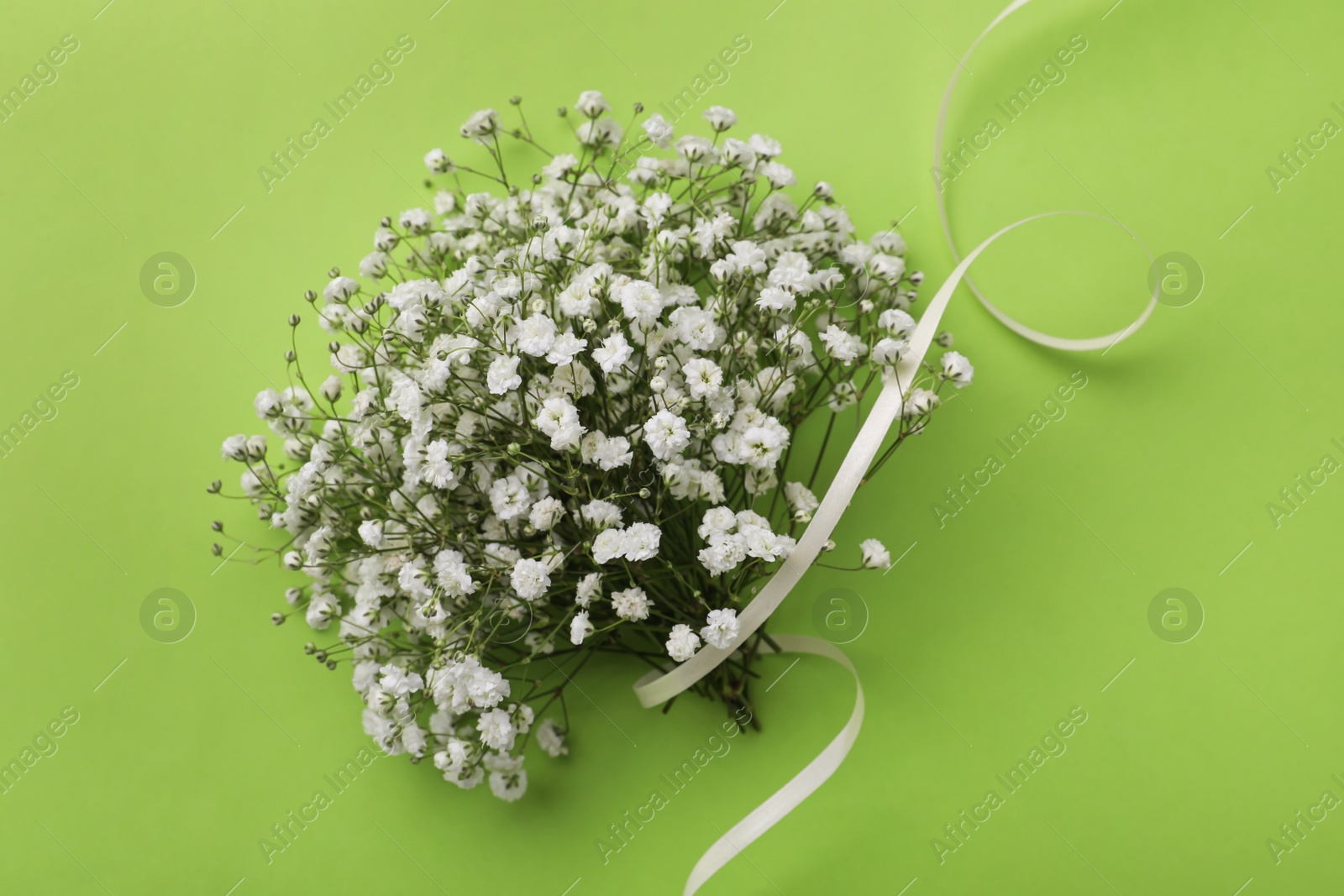 Photo of Beautiful bouquet of white gypsophila flowers with ribbon on light green background, top view