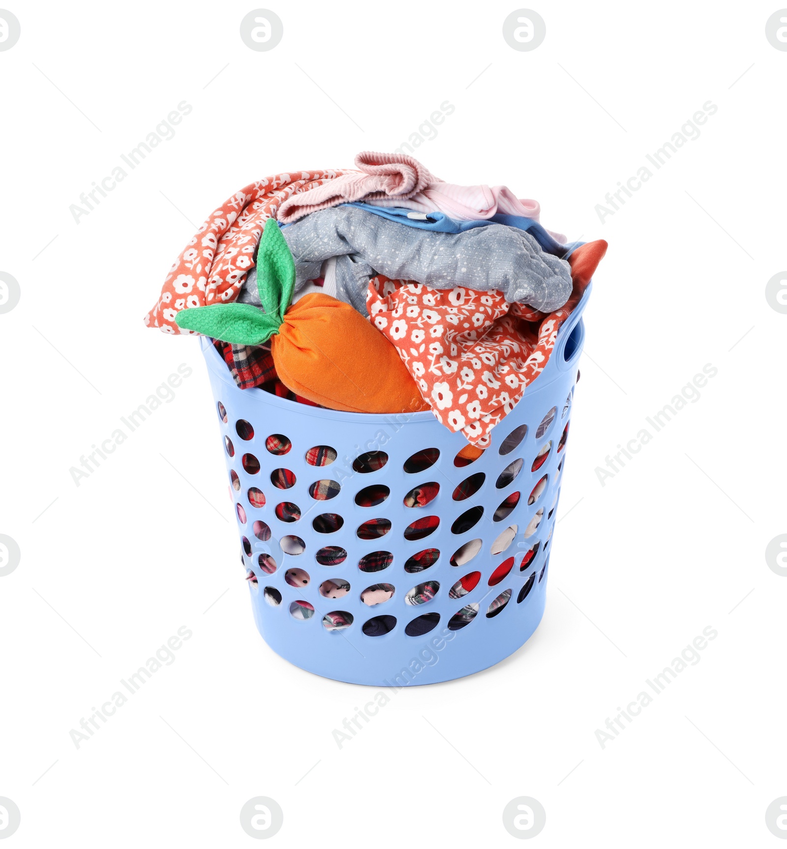 Photo of Laundry basket with baby clothes and toy isolated on white