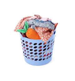Photo of Laundry basket with baby clothes and toy isolated on white