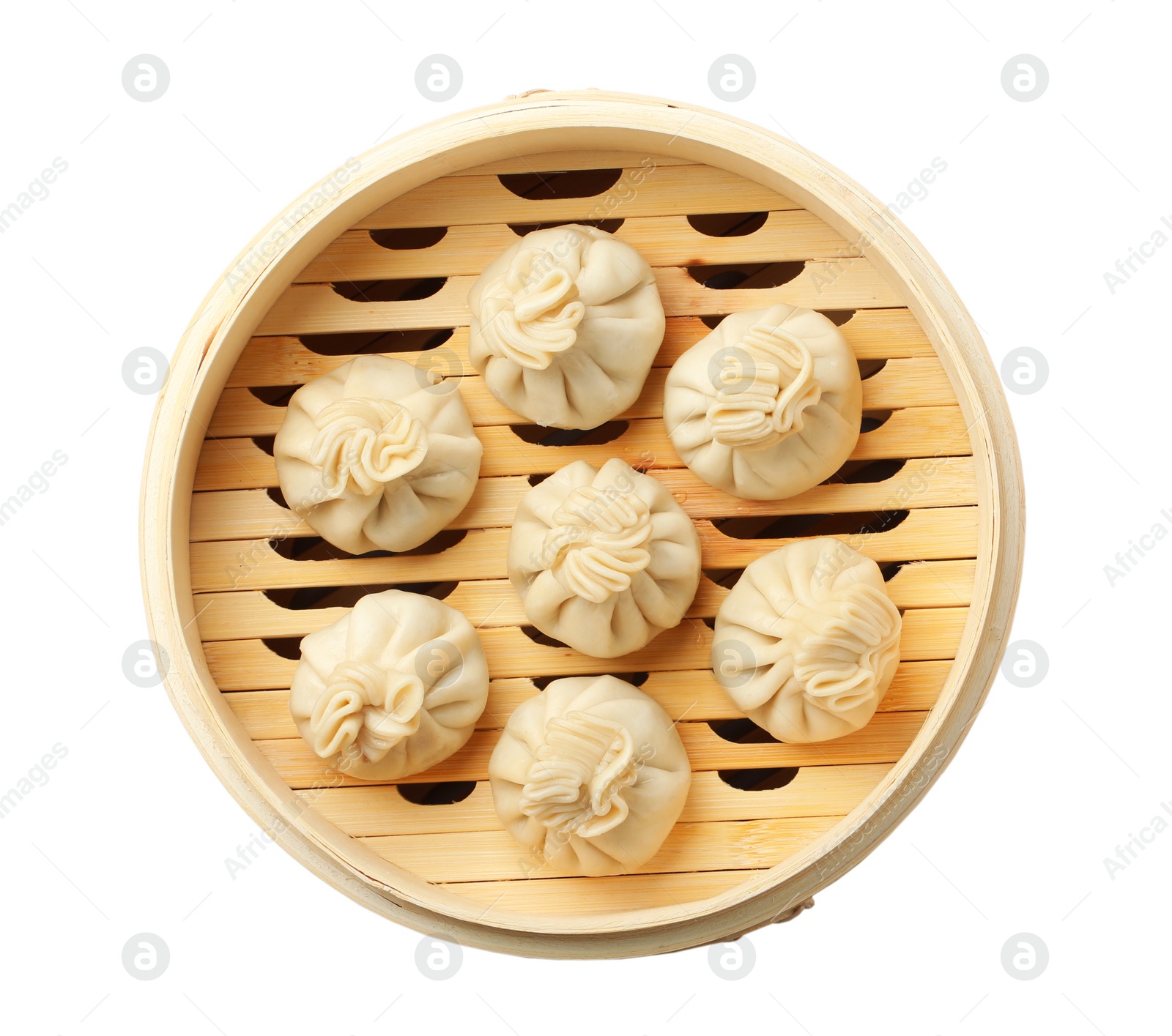 Photo of Bamboo steamer with tasty dumplings isolated on white