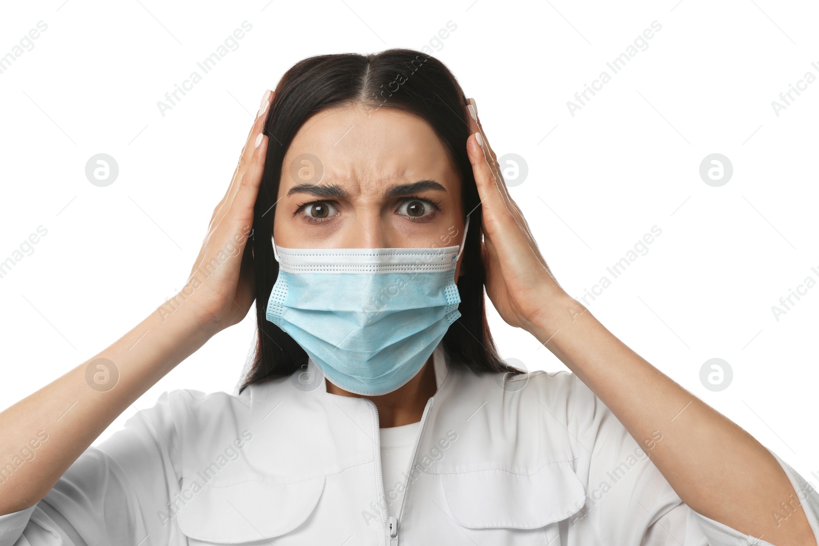 Photo of Doctor with protective mask feeling fear on white background