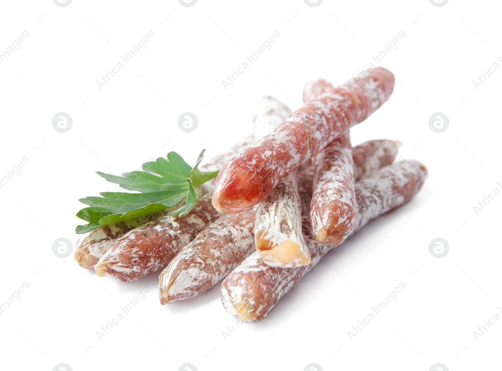 Photo of Tasty sausages on white background. Meat product