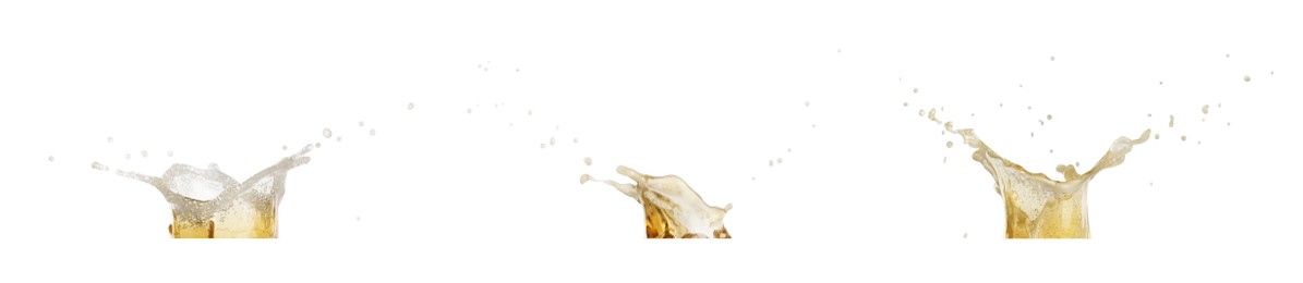 Image of Set with beer splashes on white background. Banner design