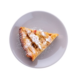 Slice of traditional apple pie with sugar powder on white, top view