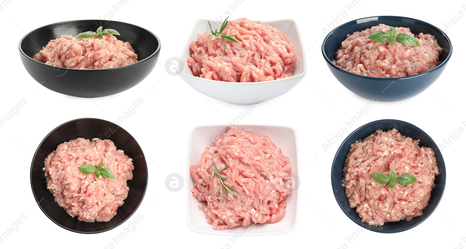 Image of Set with fresh raw chicken minced meat on white background 