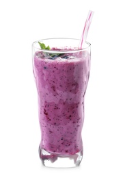 Photo of Glass of tasty blueberry smoothie with straw on white background