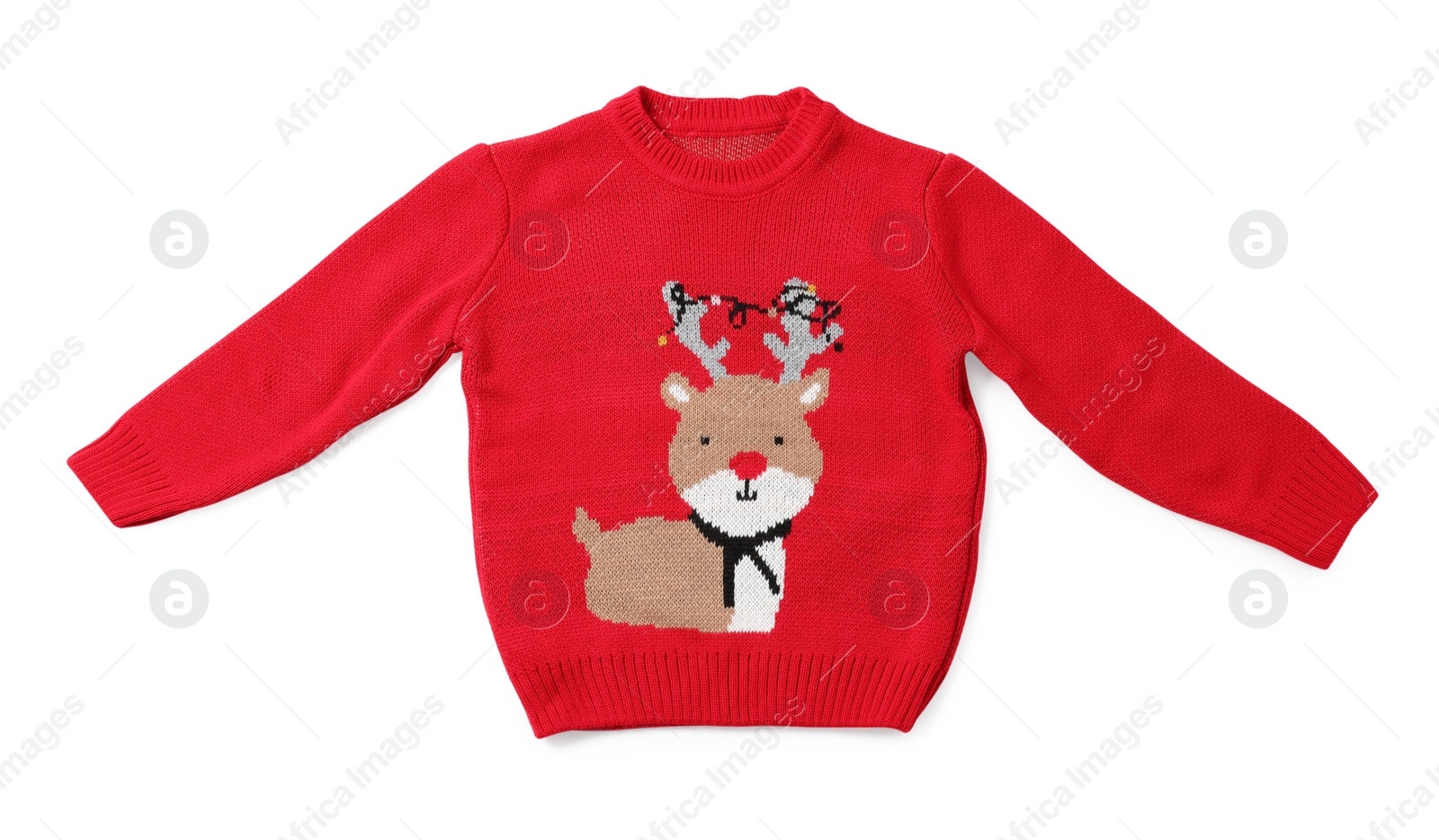 Photo of Red Christmas sweater with reindeer isolated on white, top view
