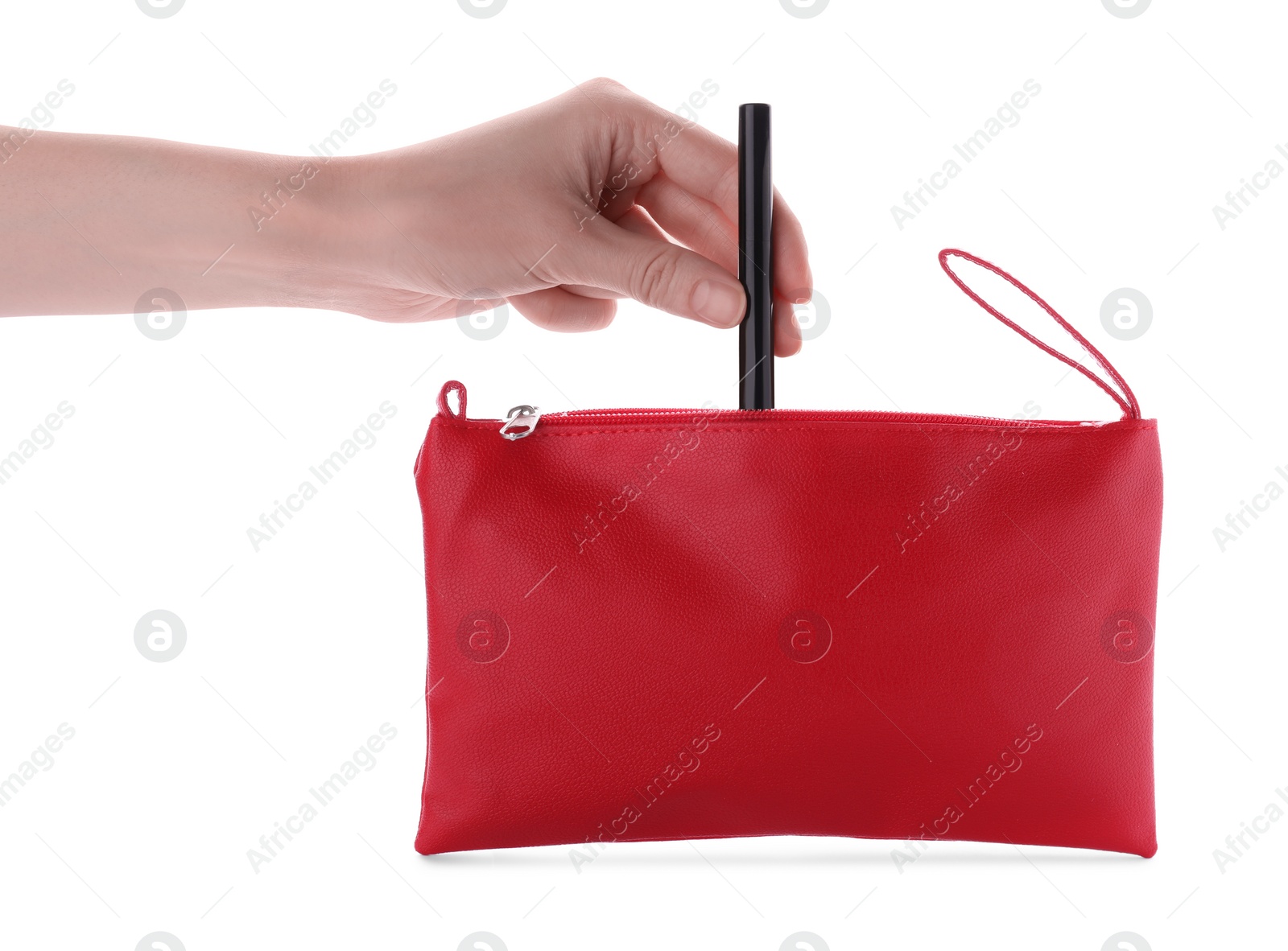 Photo of Woman taking out eyeliner from red cosmetic bag on white background, closeup