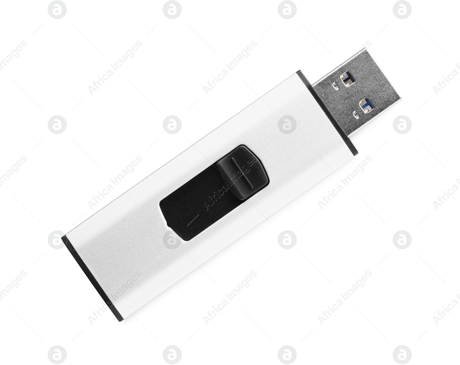 Photo of Modern usb flash drive isolated on white, top view