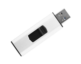Modern usb flash drive isolated on white, top view