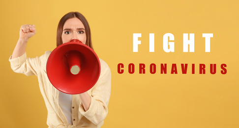 Image of Young woman with megaphone on yellow background. Fighting with coronavirus