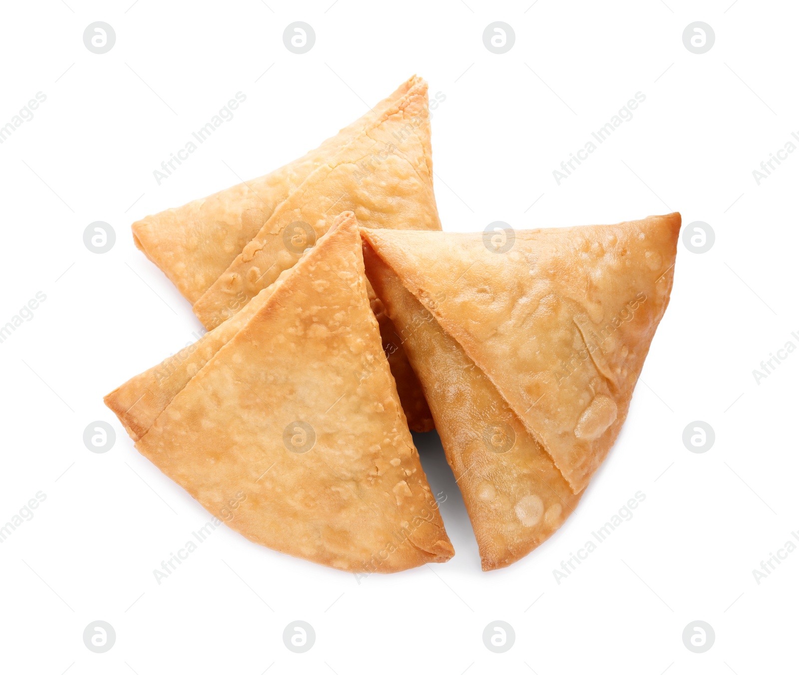 Photo of Fresh delicious crispy samosas on white background, top view