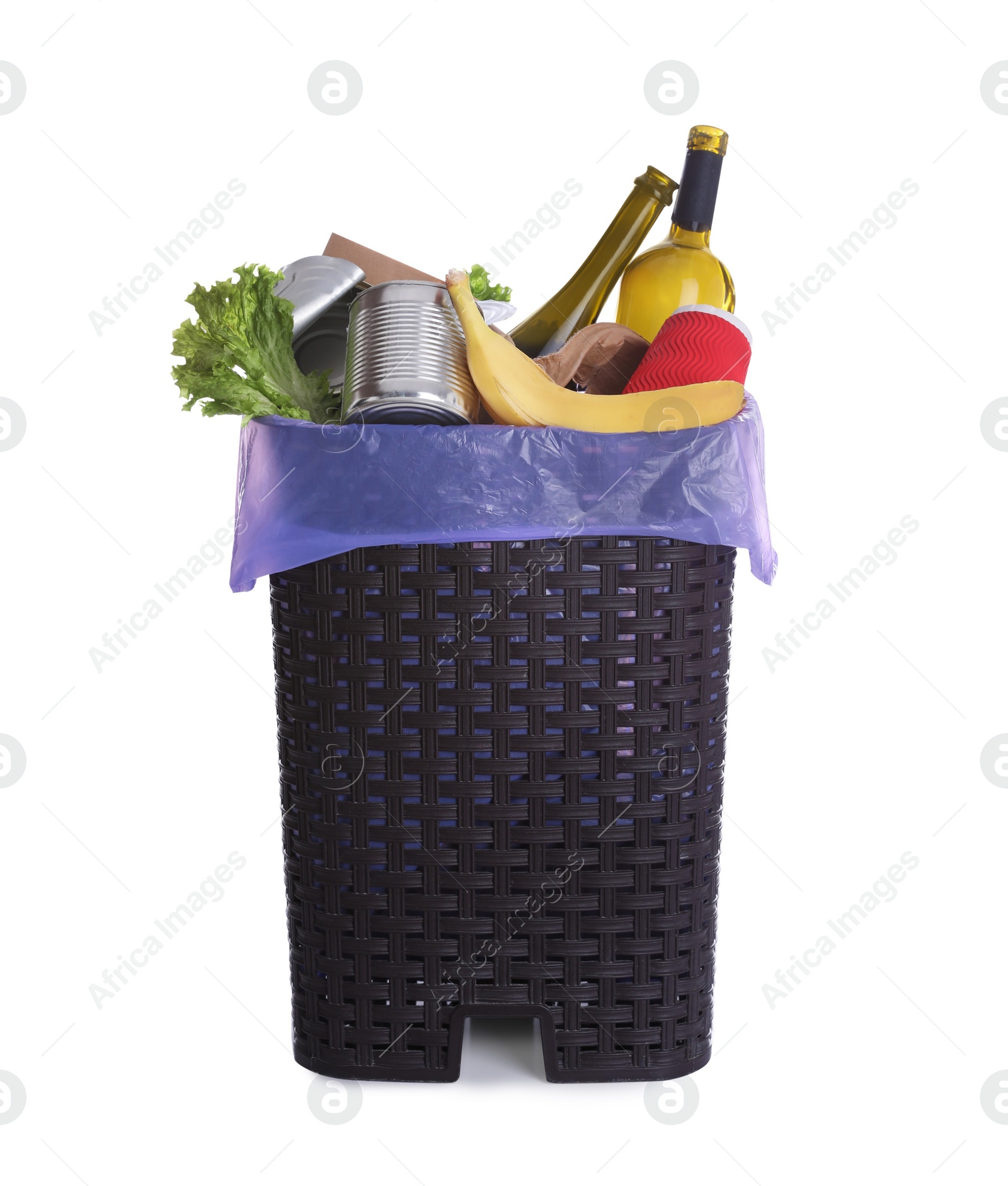 Photo of Trash bin full of garbage on white background. Recycling rubbish