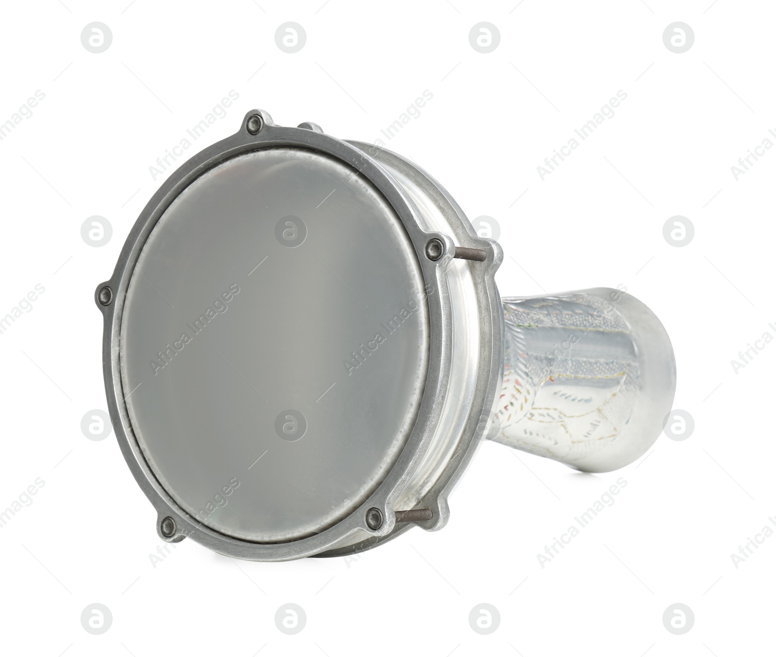 Photo of Goblet hand drum isolated on white. Percussion musical instrument