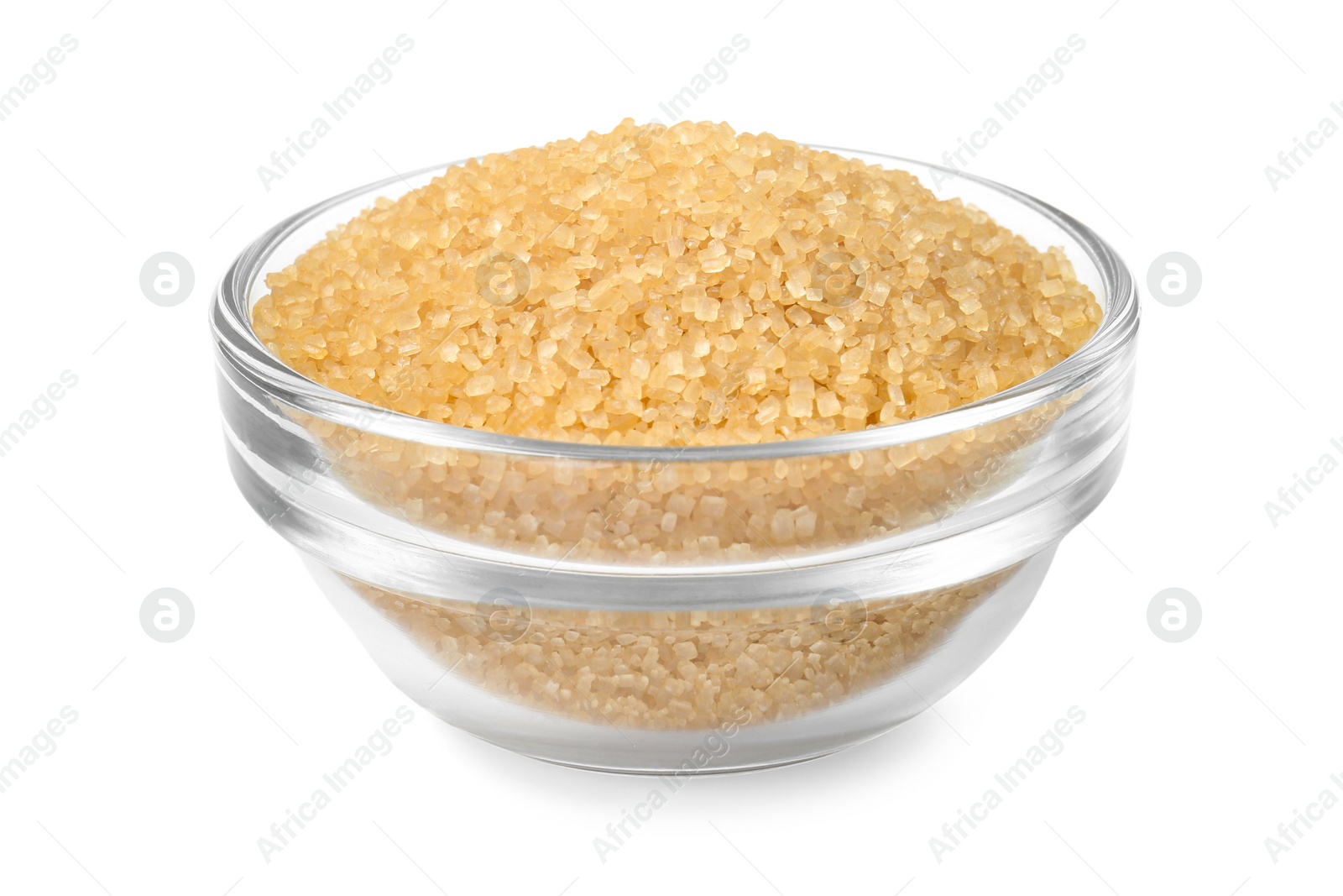 Photo of Brown sugar in glass bowl isolated on white