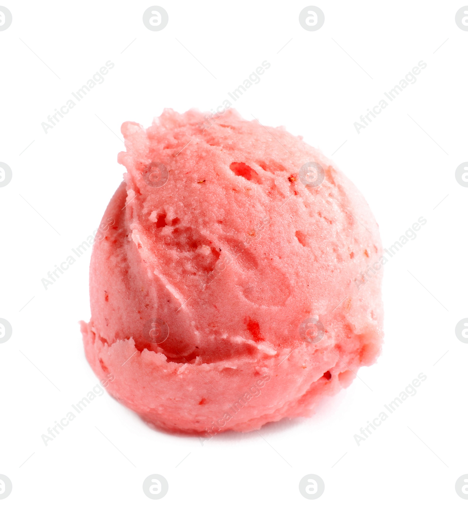 Photo of Scoop of delicious strawberry ice cream on white background