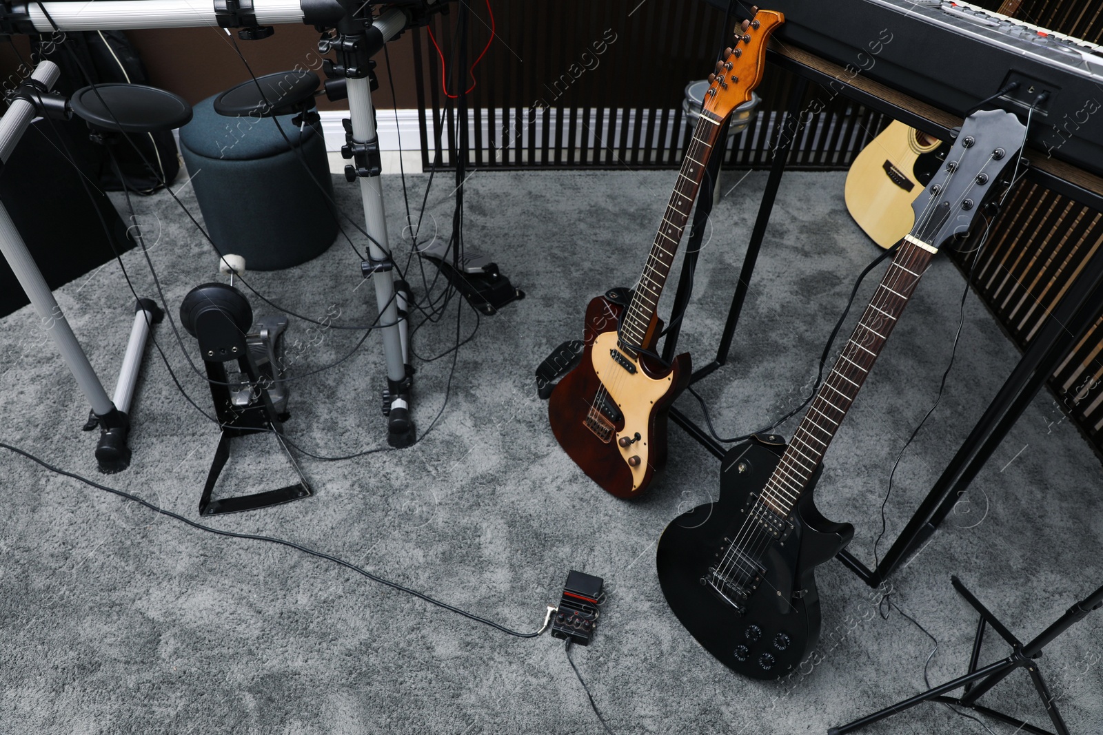 Photo of Musical instruments at recording studio. Band practice