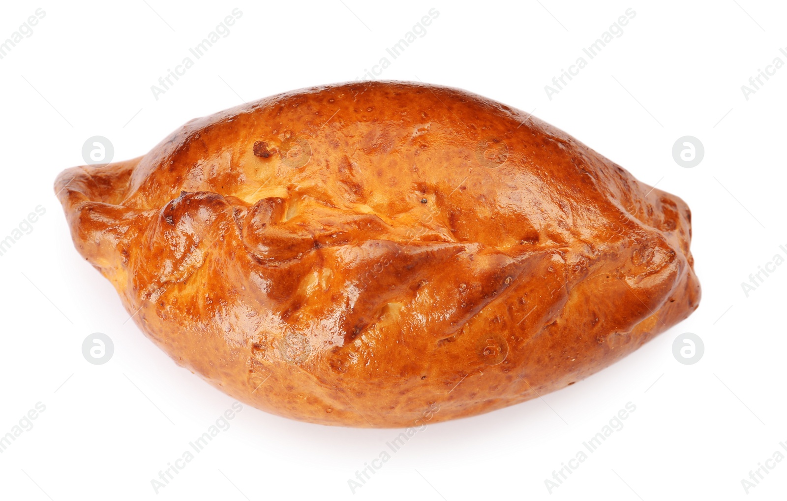 Photo of One delicious baked patty with filling on white background, top view