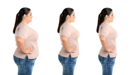 Image of Collage with photos of overweight woman before and after weight loss on white background