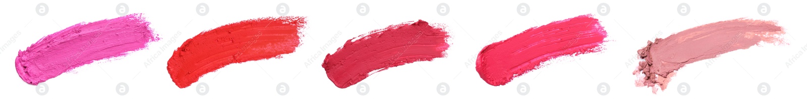 Image of Smears of different beautiful lipsticks on white background, top view. Banner design