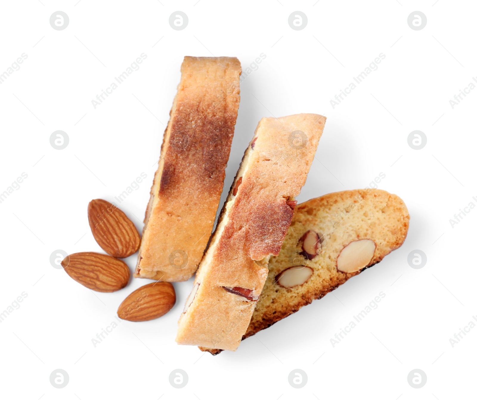 Photo of Slices of tasty cantucci and nuts on white background, top view. Traditional Italian almond biscuits