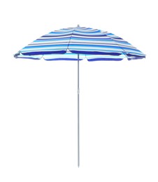 Photo of Open blue striped beach umbrella isolated on white