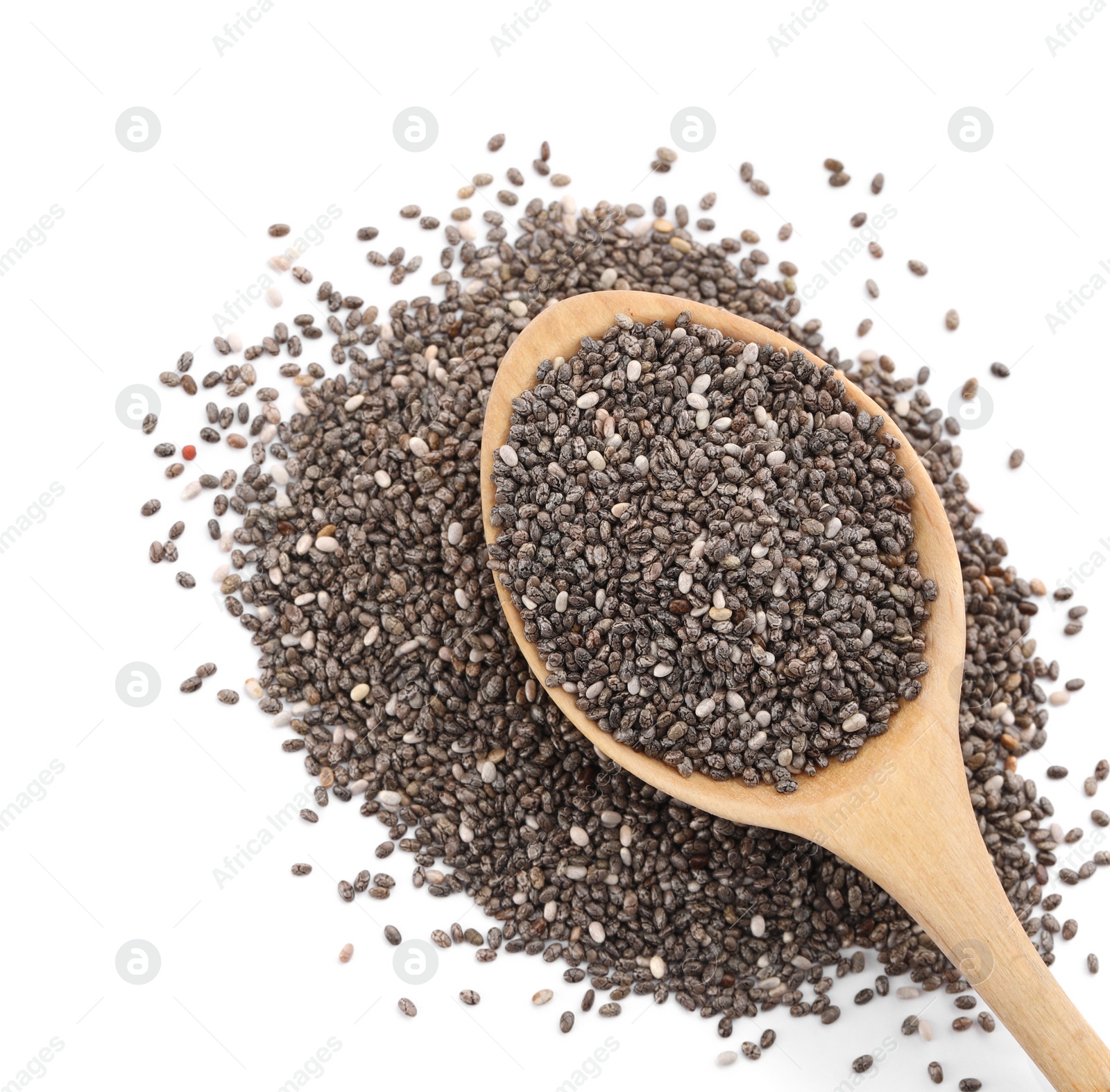 Photo of Wooden spoon with chia seeds on white background, top view