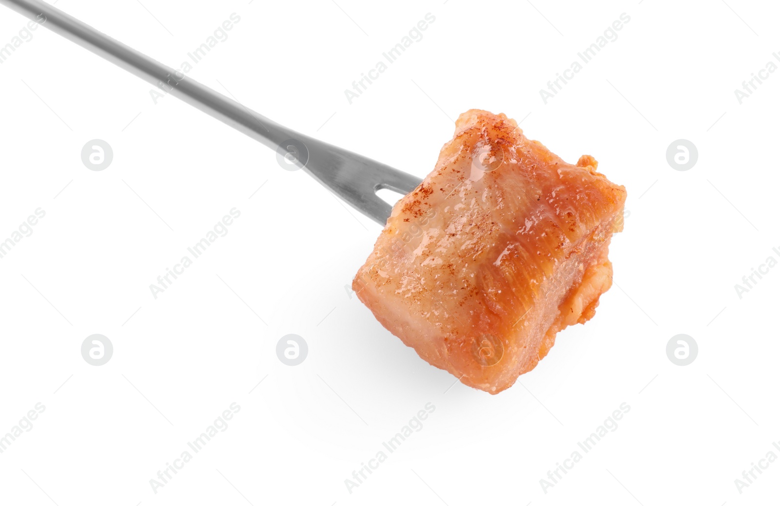 Photo of Fondue fork with piece of fried meat isolated on white