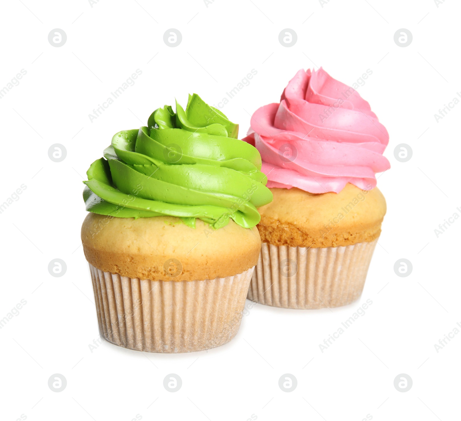 Photo of Delicious cupcakes isolated on white. Birthday treats