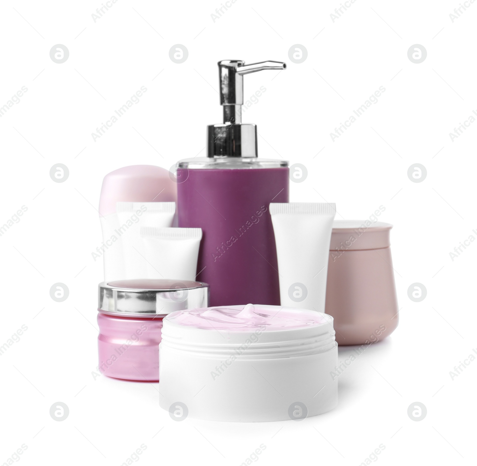 Photo of Different body care products on white background