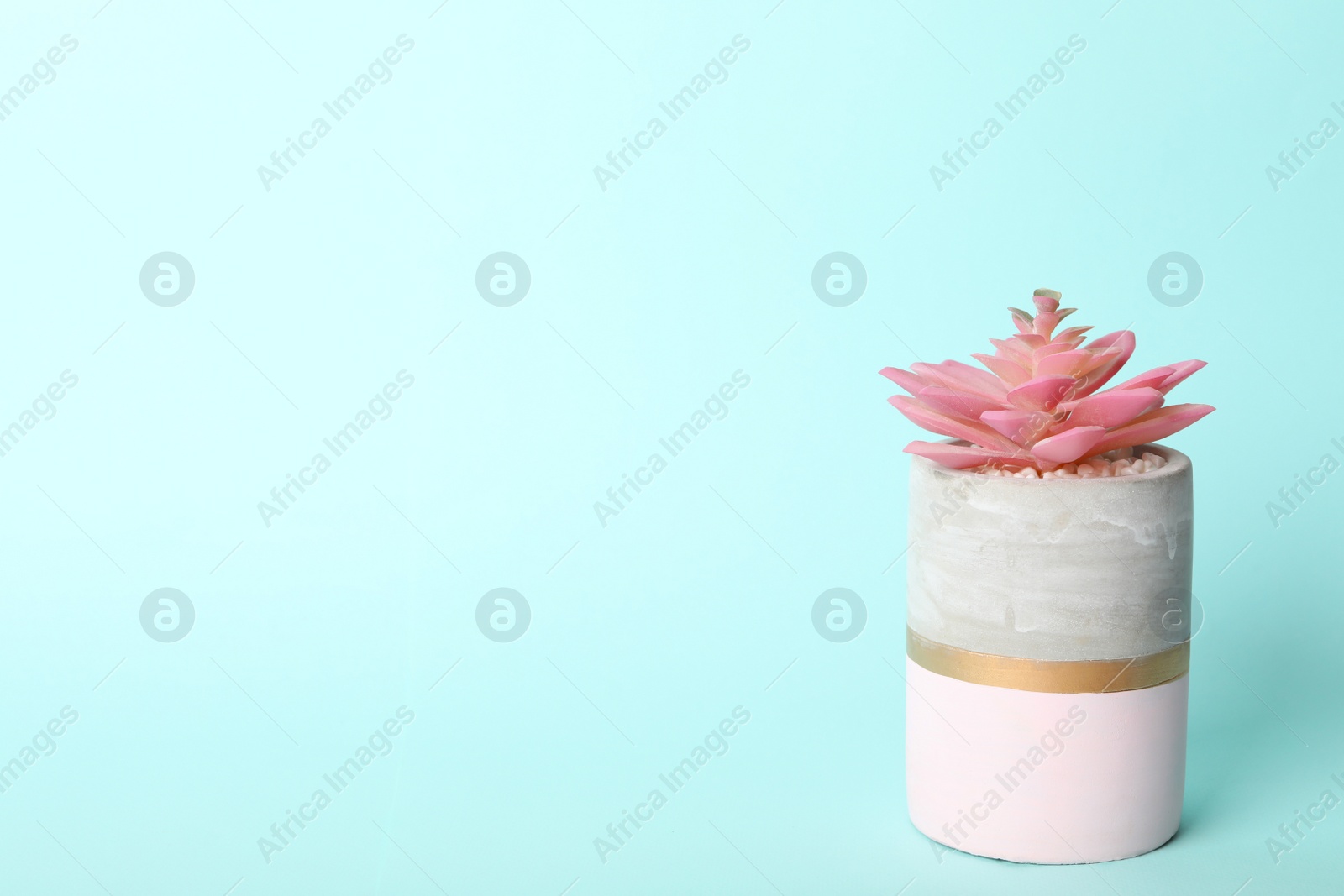 Photo of Artificial plant in flower pot on light blue background. Space for text