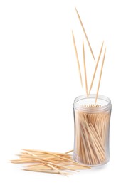 Image of Holder with wooden toothpicks on white background