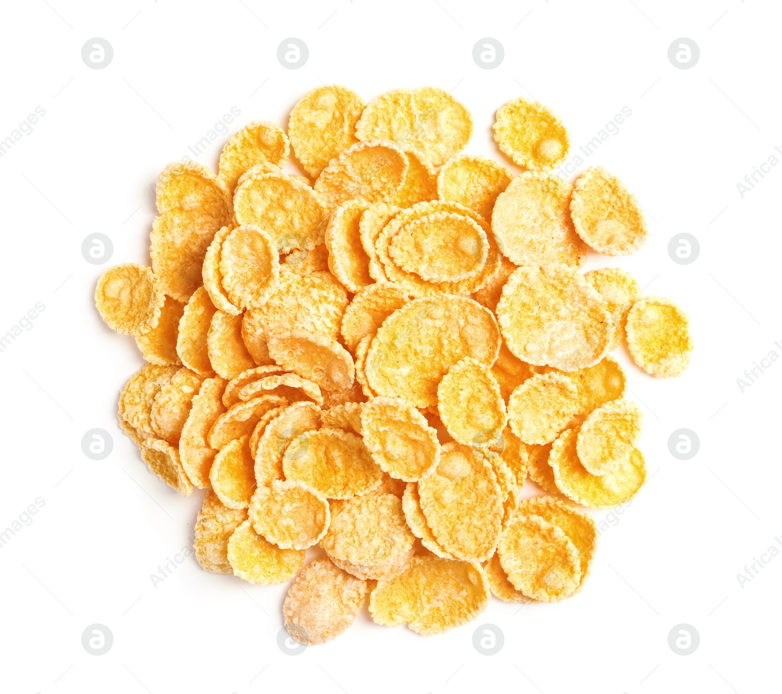 Photo of Crispy cornflakes on white background, top view. Healthy breakfast