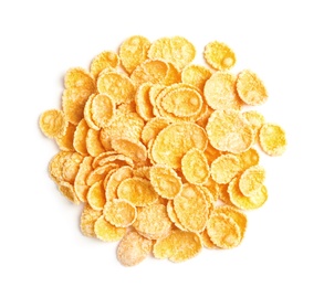 Photo of Crispy cornflakes on white background, top view. Healthy breakfast