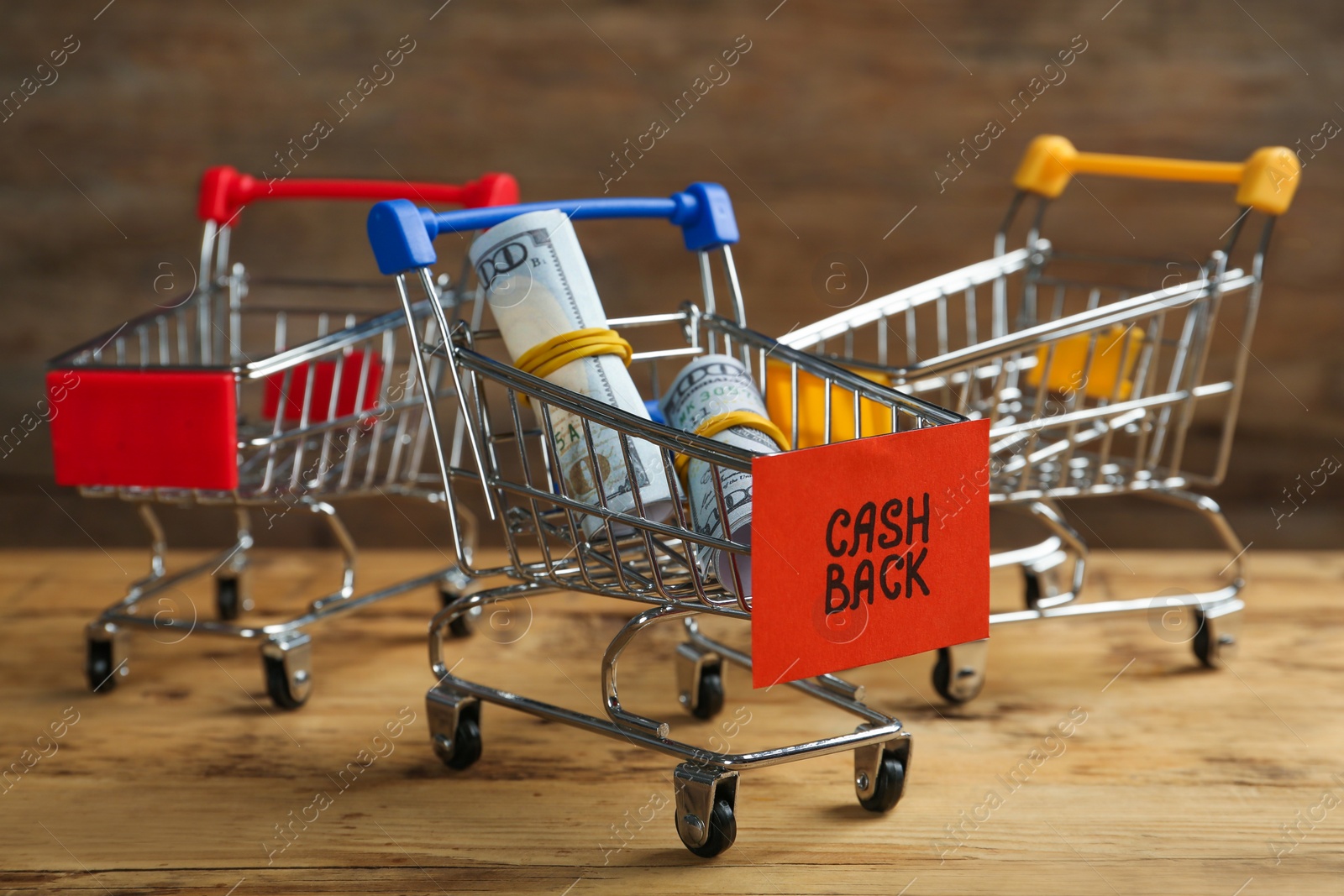 Photo of Different shopping carts and rolled dollar banknotes on wooden table. Cashback concept