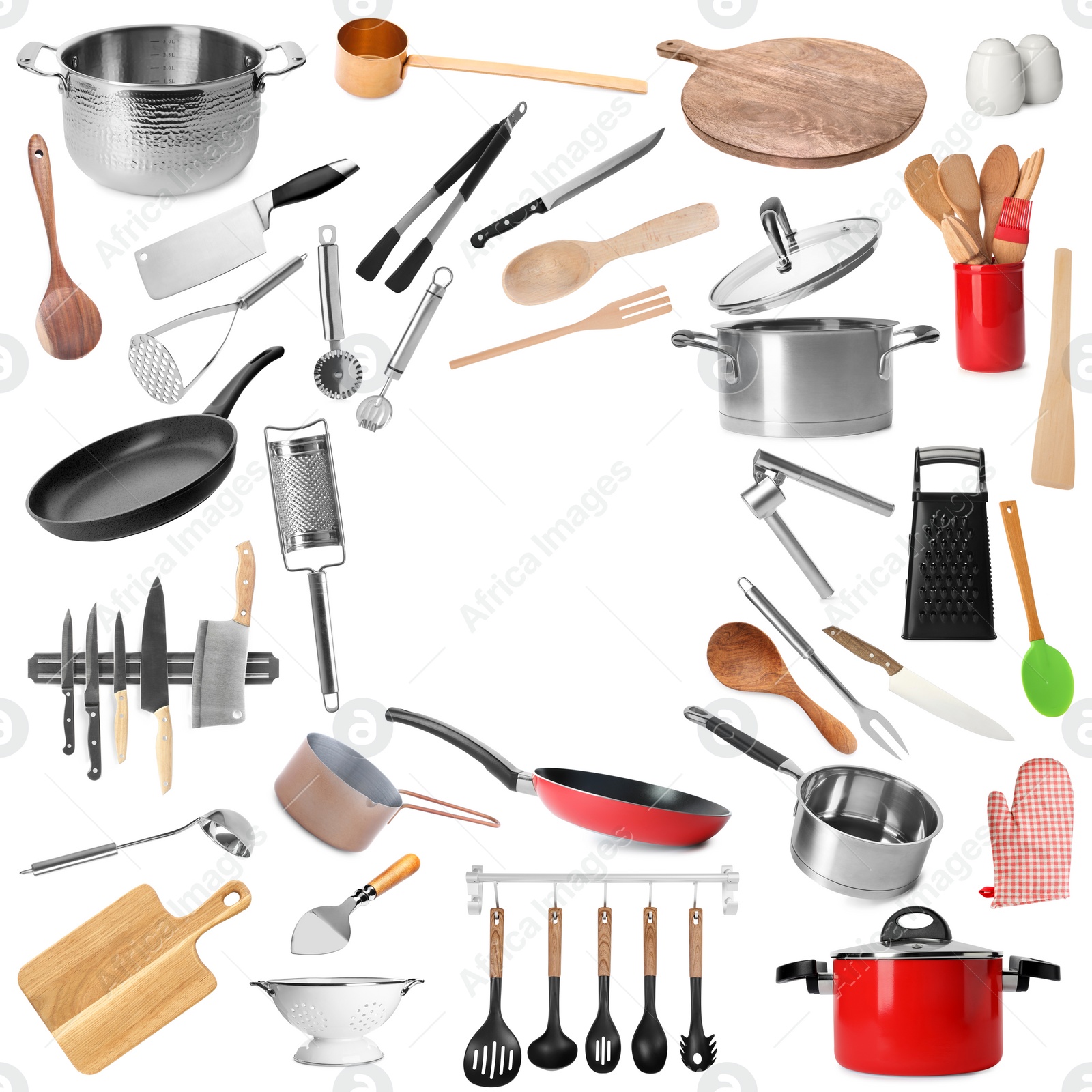 Image of Frame of different kitchenware on white background, space for text