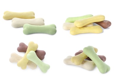 Image of Set of different bone shaped dog cookies on white background