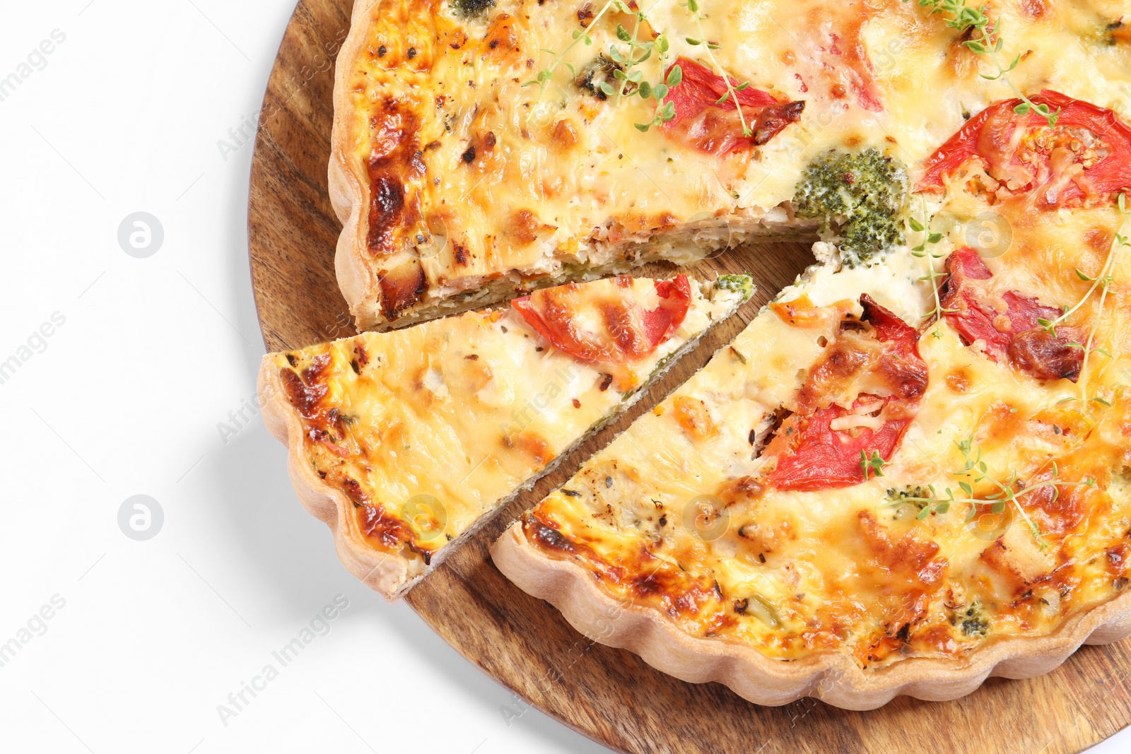 Photo of Tasty quiche with tomatoes, microgreens and cheese on white background, top view. Space for text