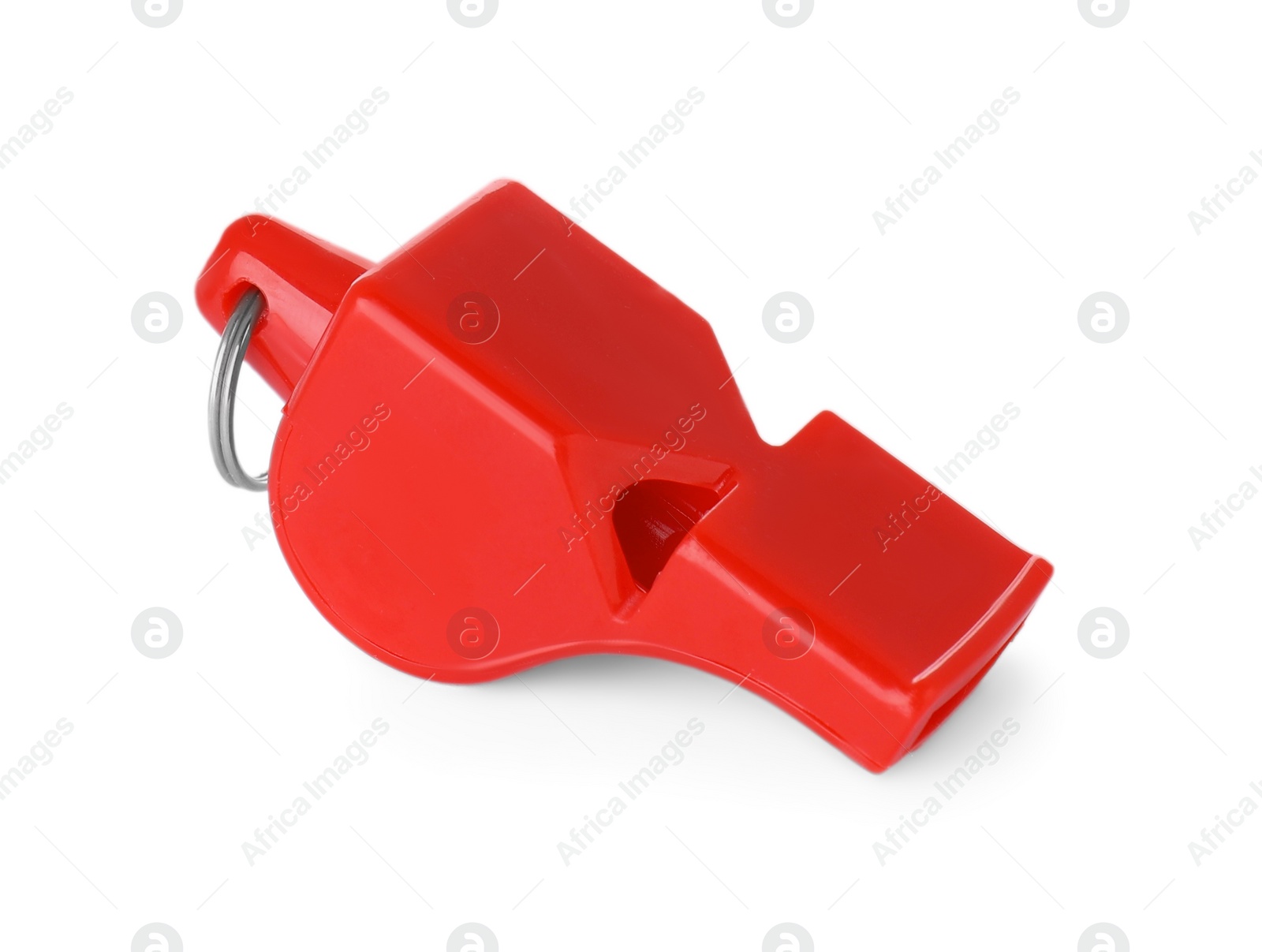 Photo of One red plastic whistle isolated on white