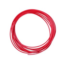 Photo of Red plastic filament for 3D pen on white background, top view