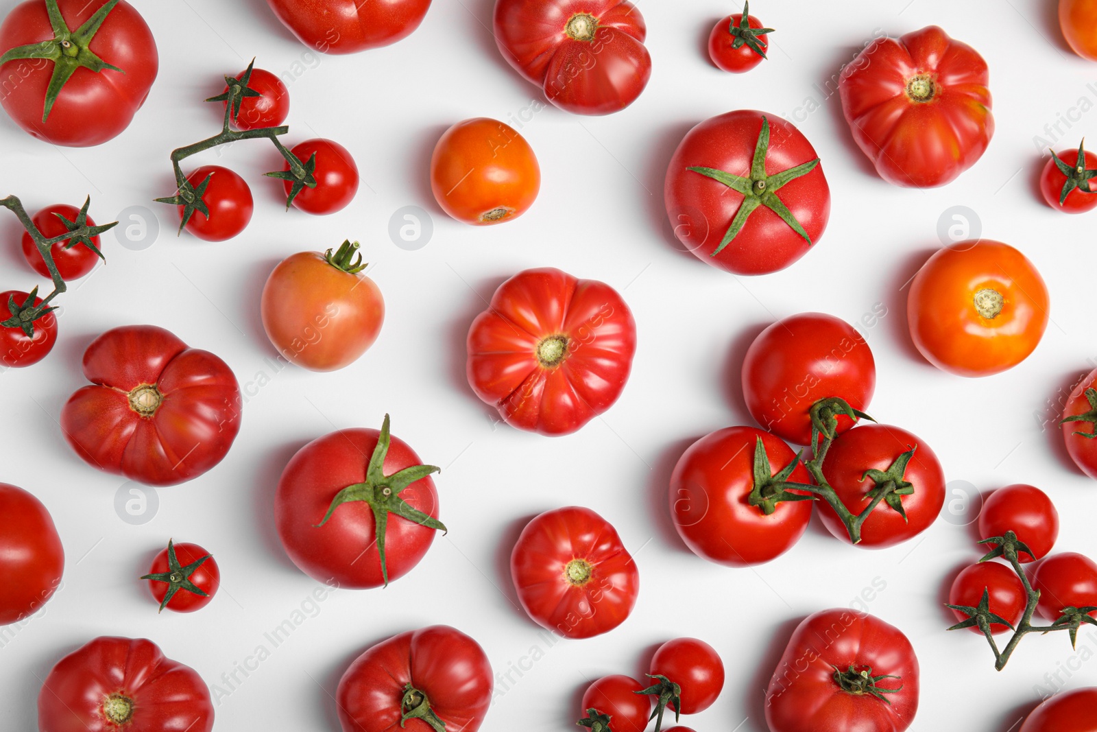 Photo of Many different ripe tomatoes on white background, flat lay