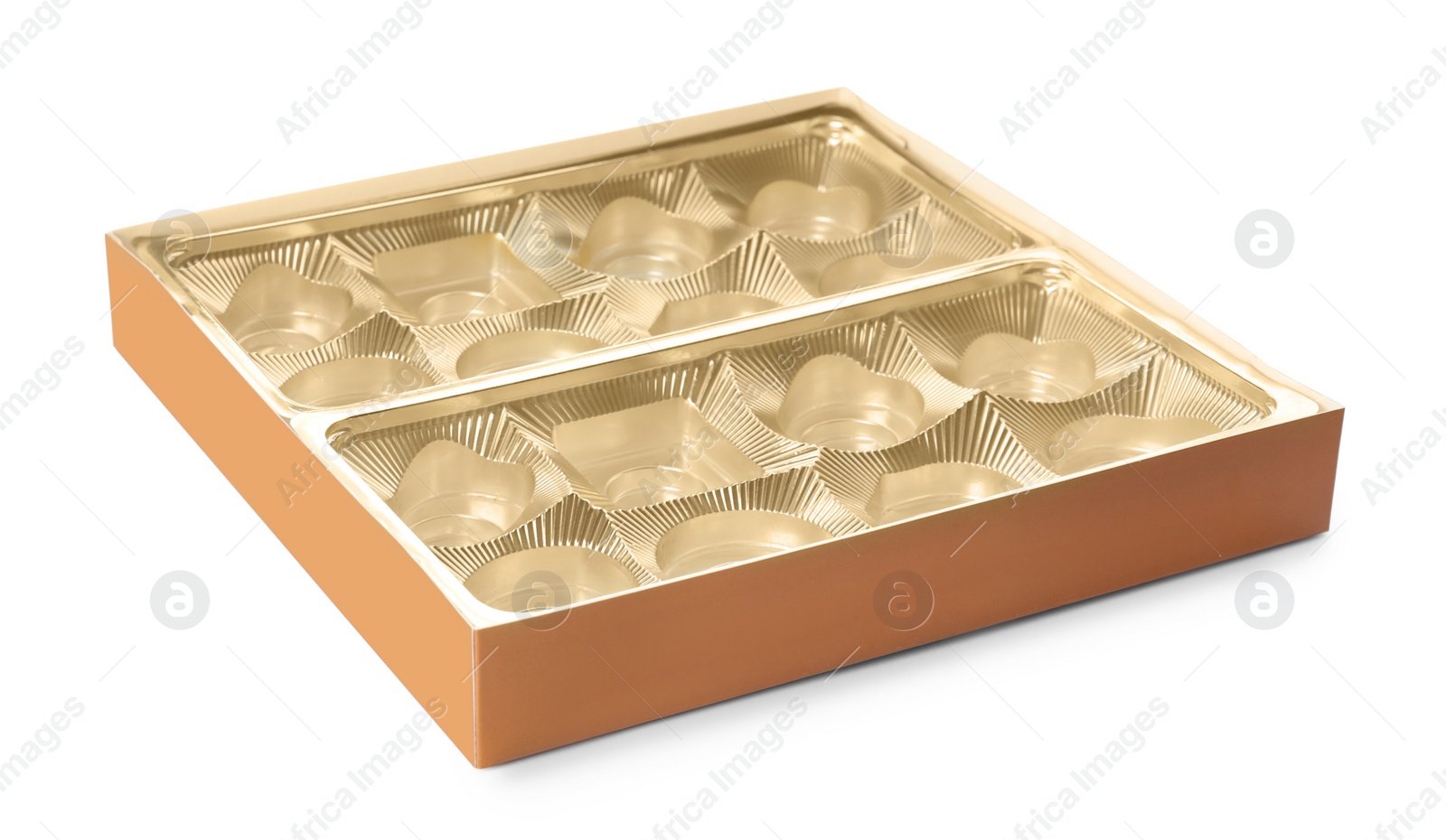 Photo of Empty box of chocolate candies isolated on white