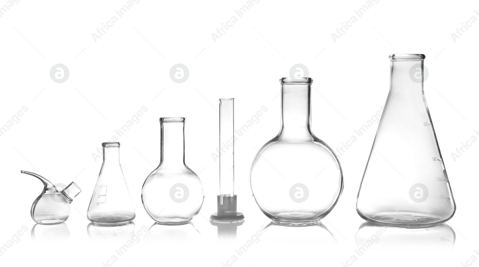 Photo of Empty laboratory glassware on table. Chemical analysis