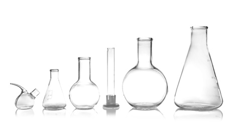 Photo of Empty laboratory glassware on table. Chemical analysis