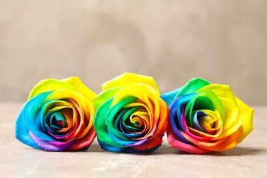 Amazing rainbow rose flowers on table