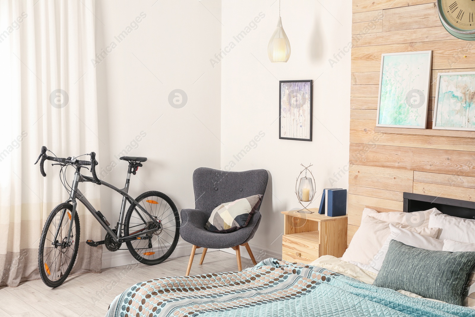 Photo of Modern apartment interior with bicycle near window