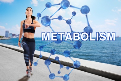 Image of Metabolism concept. Molecular chain illustration and athletic young woman running near sea on sunny day