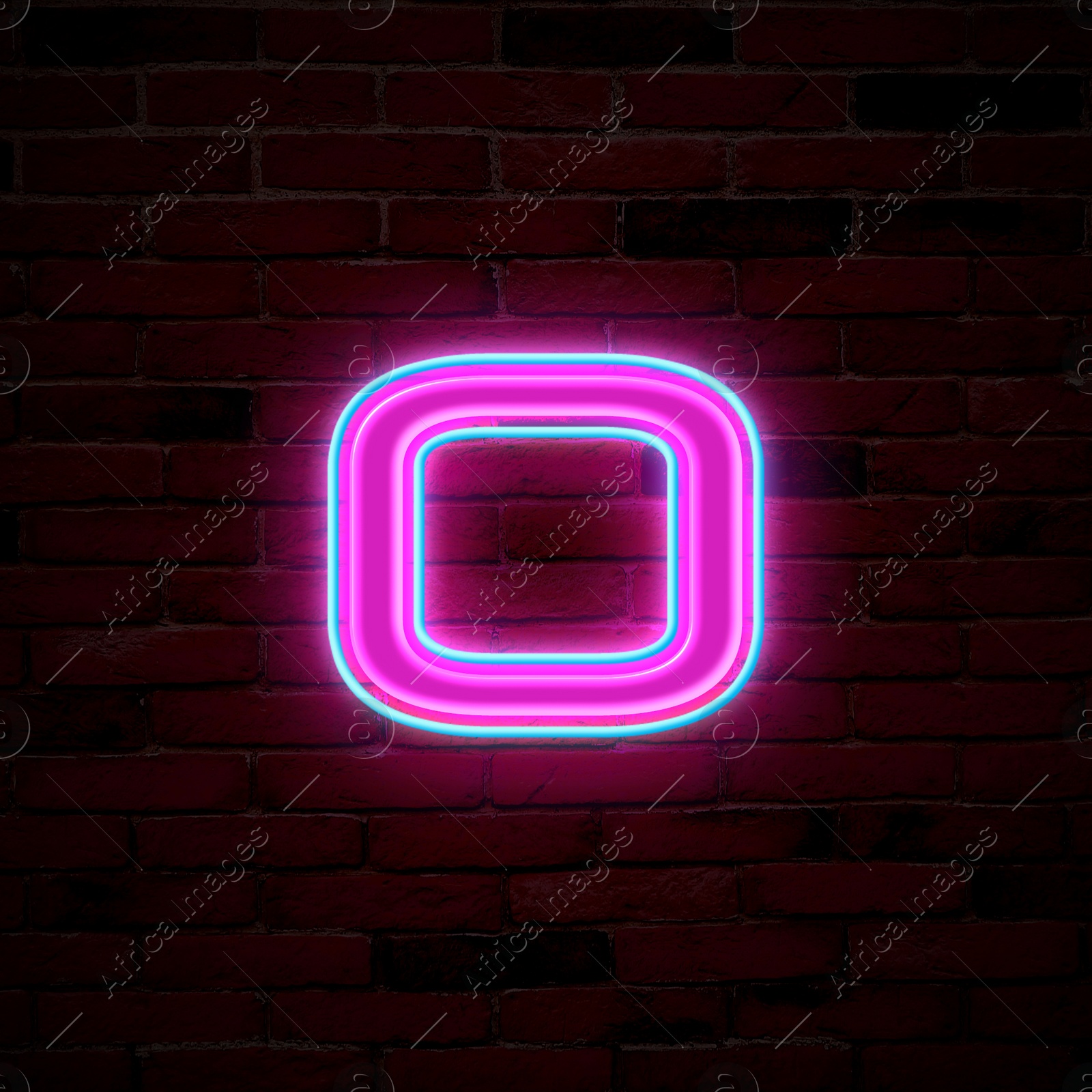 Image of Glowing neon number 0 sign on brick wall