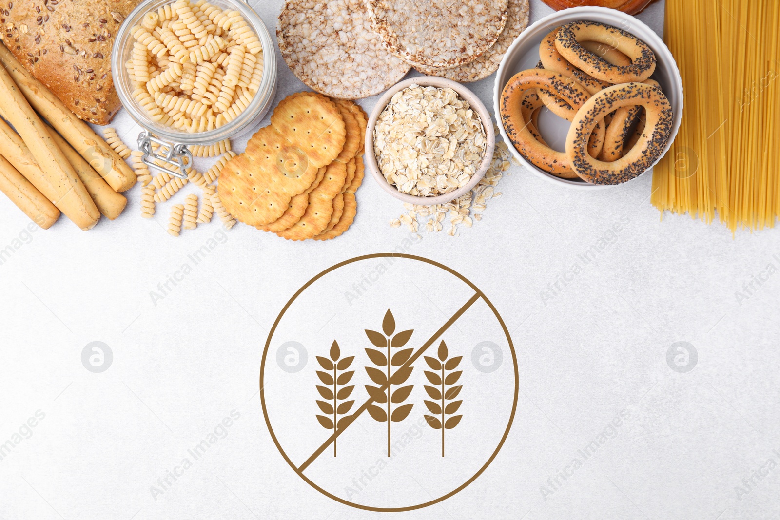 Image of Different gluten free products on light grey table, flat lay